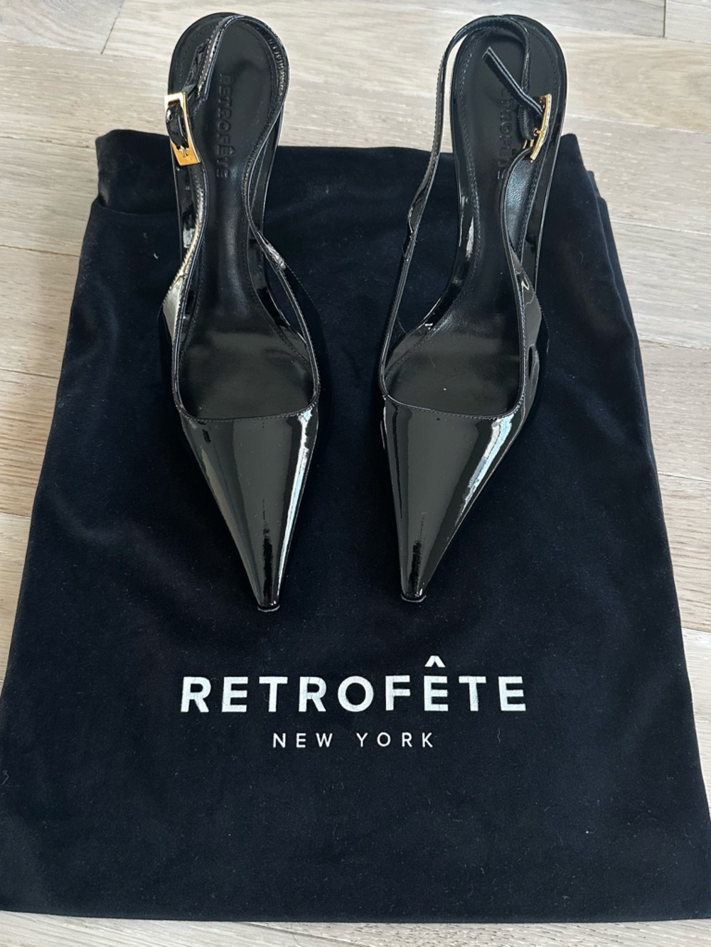 Retrofete Black Patent Pointed Toe Slingback Pumps
